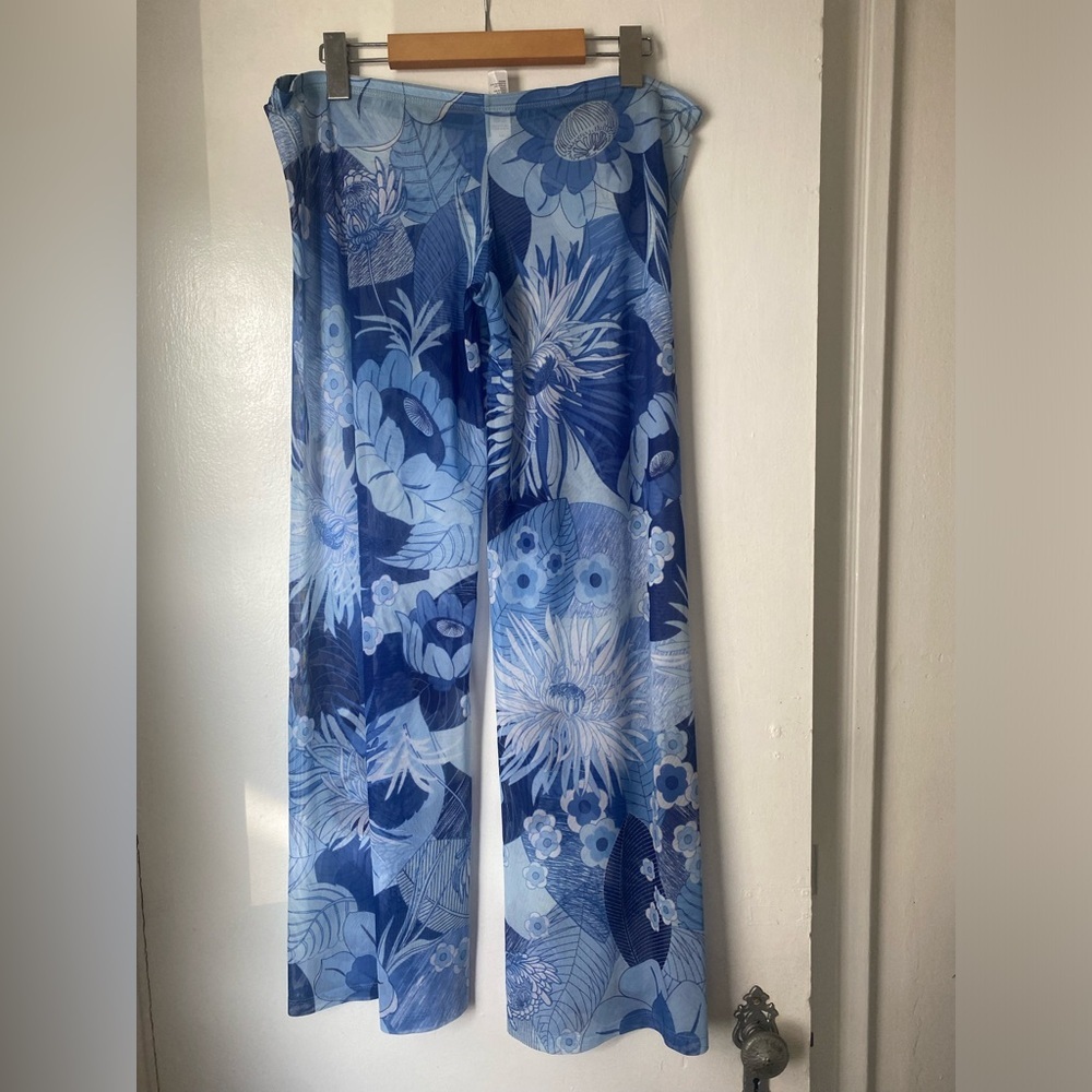 Y2K Blue Floral Sheer Mesh Wide Leg Pants